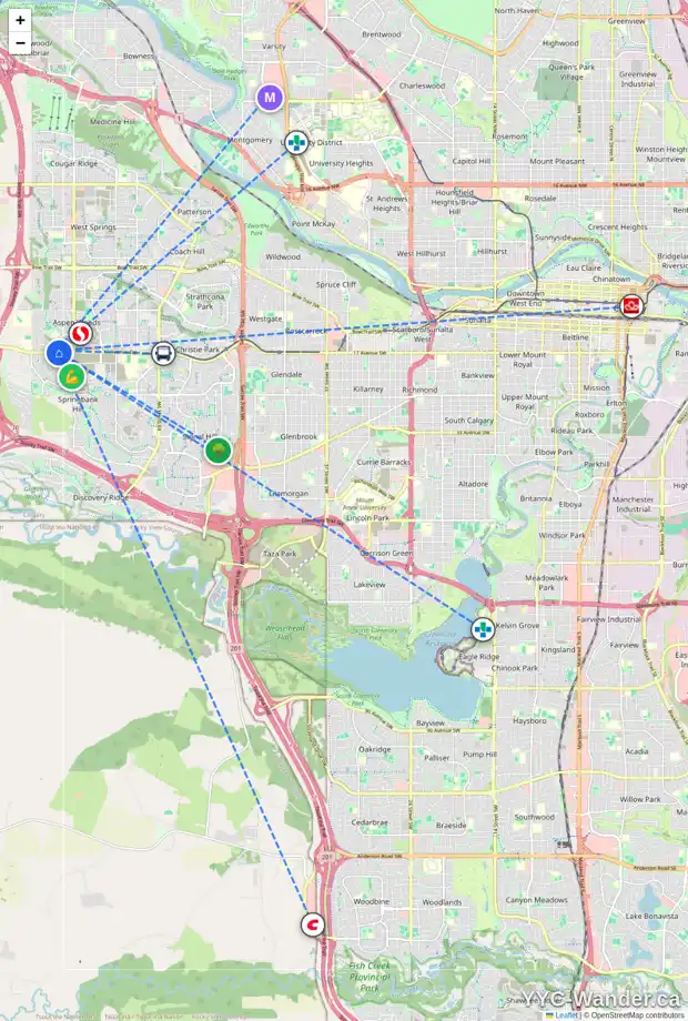 Daily accessibility map for 2103 211 ASPEN STONE BV SW, Calgary showing nearby schools, grocery stores, parks, LRT stations and nearby amenities