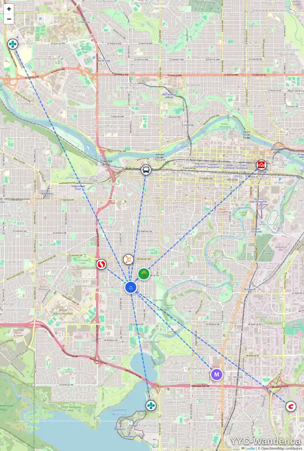 Daily accessibility map for 4114 19 ST SW, Calgary showing nearby schools, grocery stores, parks, LRT stations and nearby amenities