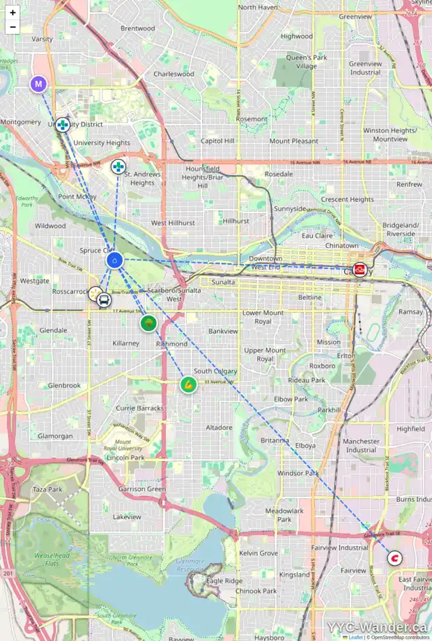 Daily accessibility map for 215 2 HEMLOCK CR SW, Calgary showing nearby schools, grocery stores, parks, LRT stations and nearby amenities