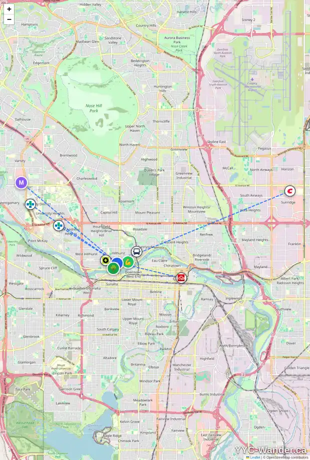 Daily accessibility map for 1641 WESTMOUNT RD NW, Calgary showing nearby schools, grocery stores, parks, LRT stations and nearby amenities