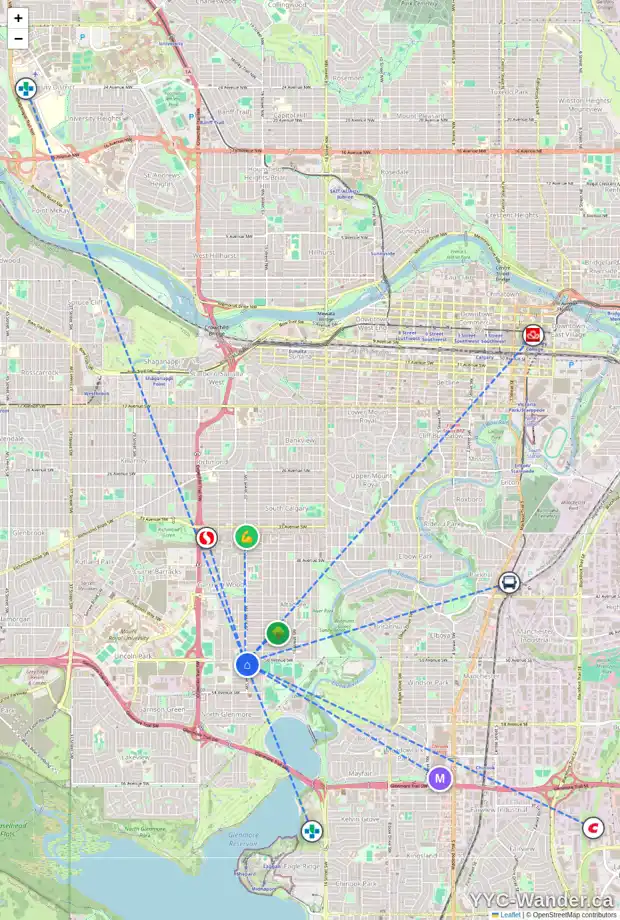 Daily accessibility map for 5105 20 ST SW, Calgary showing nearby schools, grocery stores, parks, LRT stations and nearby amenities