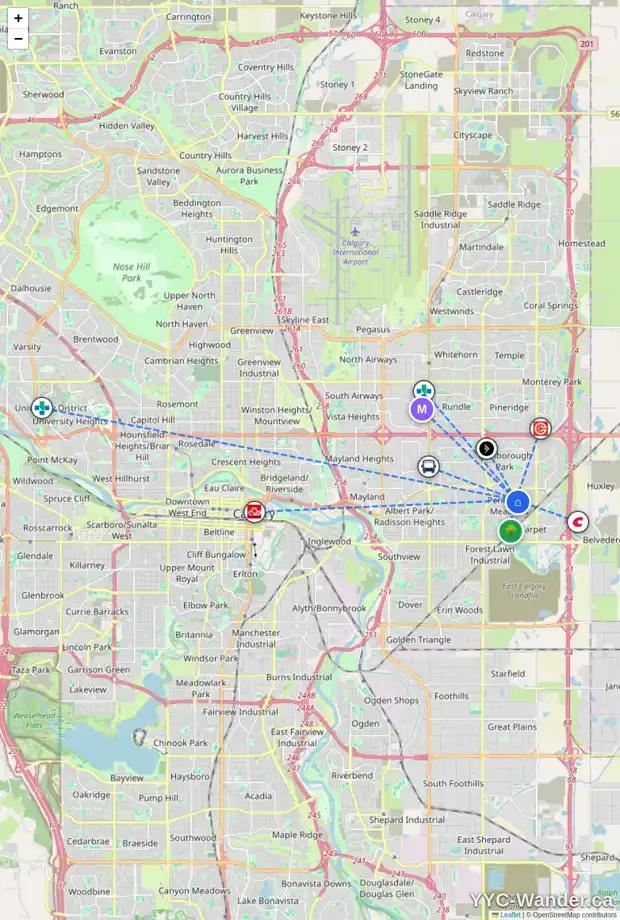 Daily accessibility map for 197 PENSVILLE RD SE, Calgary showing nearby schools, grocery stores, parks, LRT stations and nearby amenities