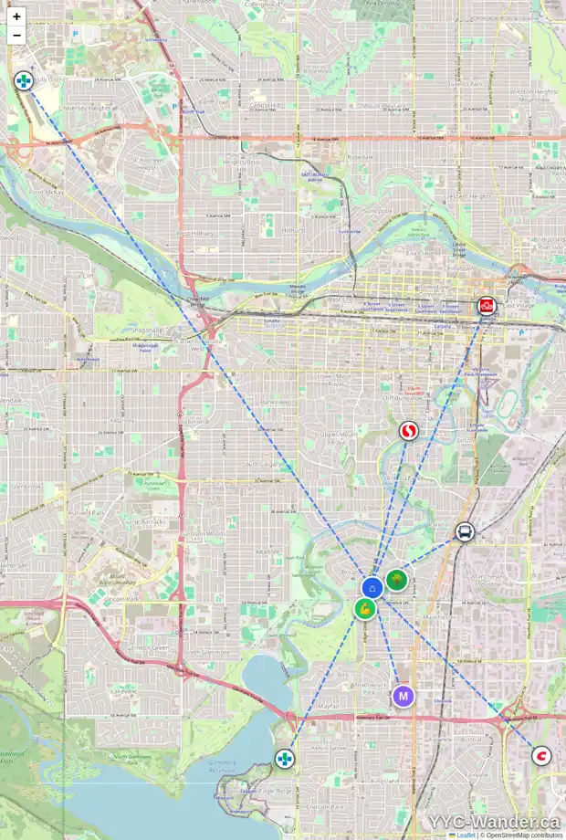 Daily accessibility map for 724 48 AV SW, Calgary showing nearby schools, grocery stores, parks, LRT stations and nearby amenities