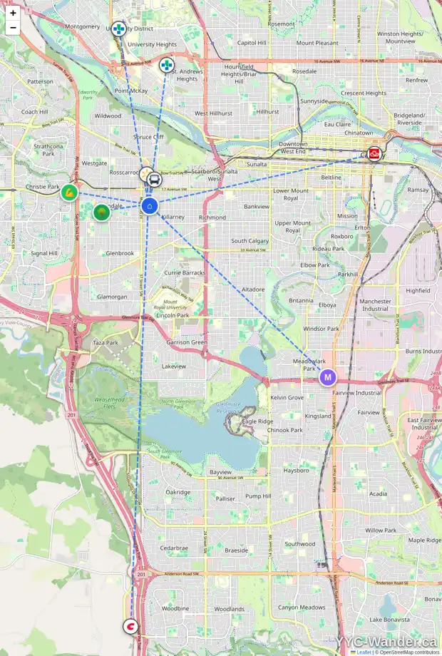 Daily accessibility map for 2207 35 ST SW, Calgary showing nearby schools, grocery stores, parks, LRT stations and nearby amenities