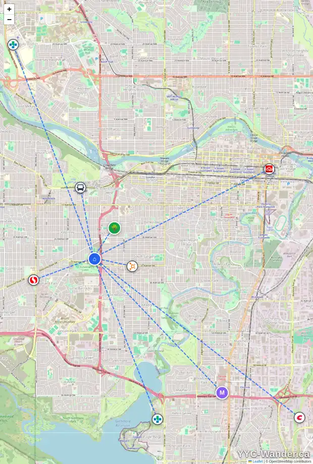 Daily accessibility map for 3228 25 ST SW, Calgary showing nearby schools, grocery stores, parks, LRT stations and nearby amenities