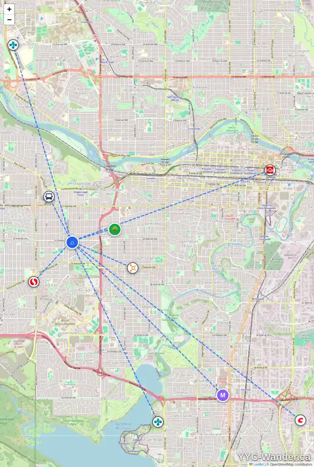 Daily accessibility map for 2803 28 ST SW, Calgary showing nearby schools, grocery stores, parks, LRT stations and nearby amenities