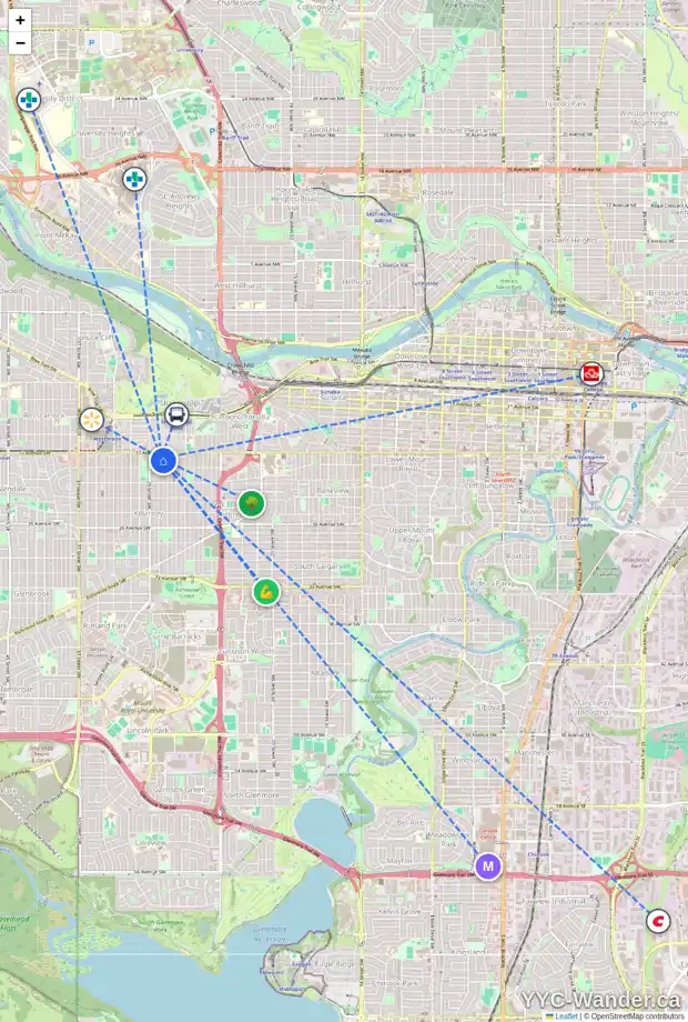 Daily accessibility map for 1916 28 ST SW, Calgary showing nearby schools, grocery stores, parks, LRT stations and nearby amenities