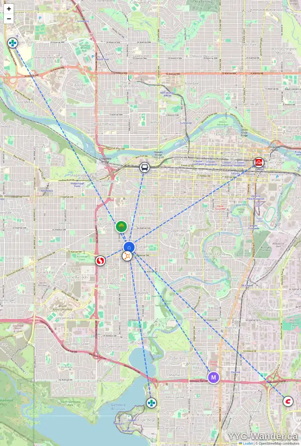 Daily accessibility map for 1926 31 AV SW, Calgary showing nearby schools, grocery stores, parks, LRT stations and nearby amenities