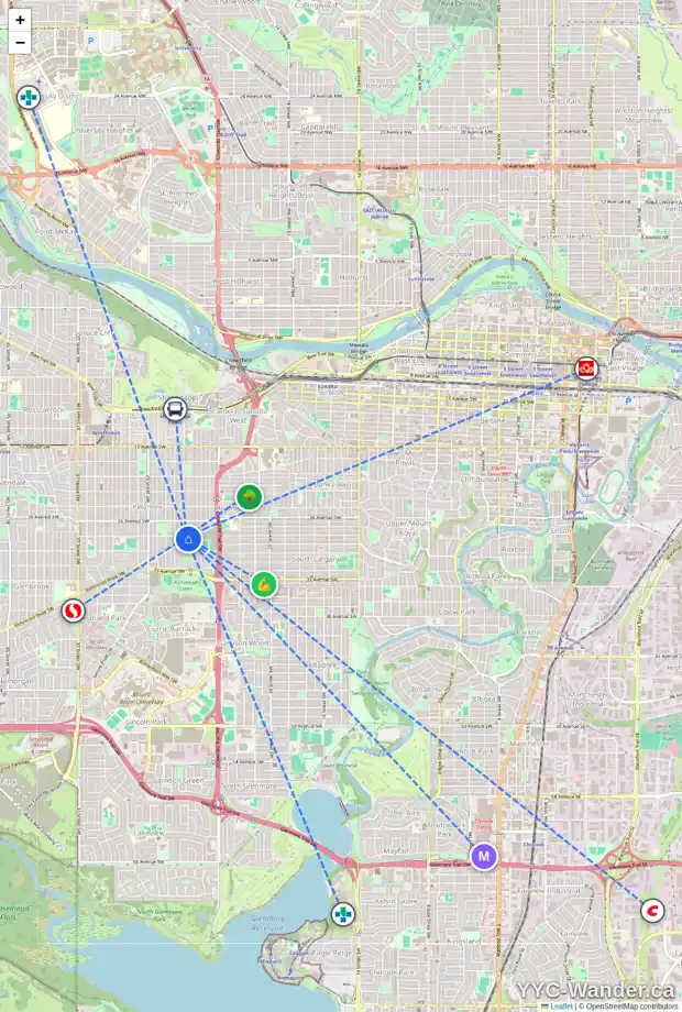 Daily accessibility map for 2625 28 AV SW, Calgary showing nearby schools, grocery stores, parks, LRT stations and nearby amenities