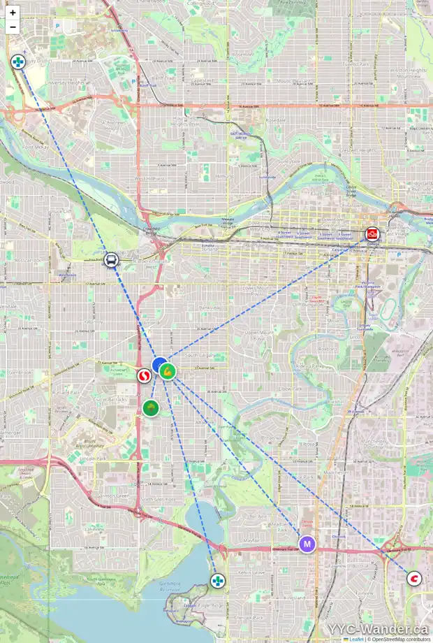 Daily accessibility map for 2213 32 AV SW, Calgary showing nearby schools, grocery stores, parks, LRT stations and nearby amenities