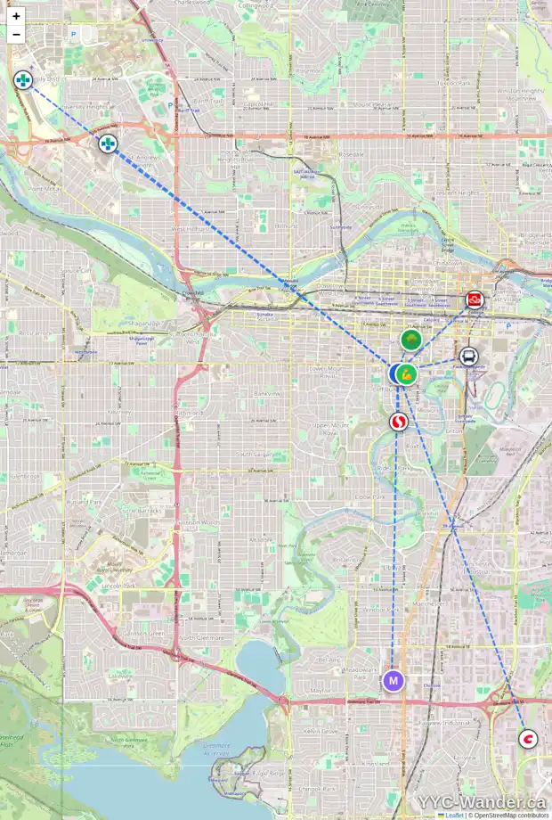 Daily accessibility map for 6 515 18 AV SW, Calgary showing nearby schools, grocery stores, parks, LRT stations and nearby amenities