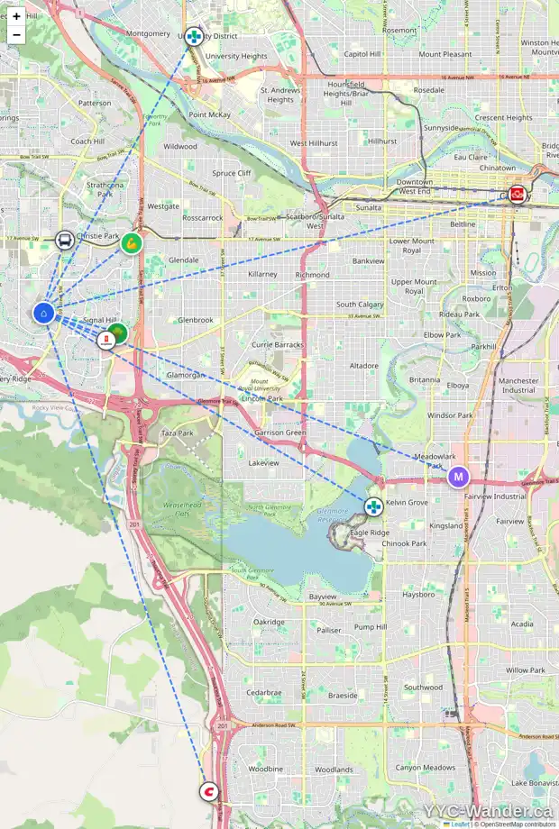 Daily accessibility map for 109 ELKTON WY SW, Calgary showing nearby schools, grocery stores, parks, LRT stations and nearby amenities