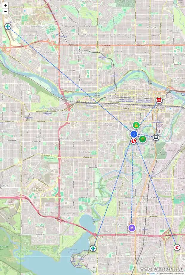 Daily accessibility map for 521 22 AV SW, Calgary showing nearby schools, grocery stores, parks, LRT stations and nearby amenities