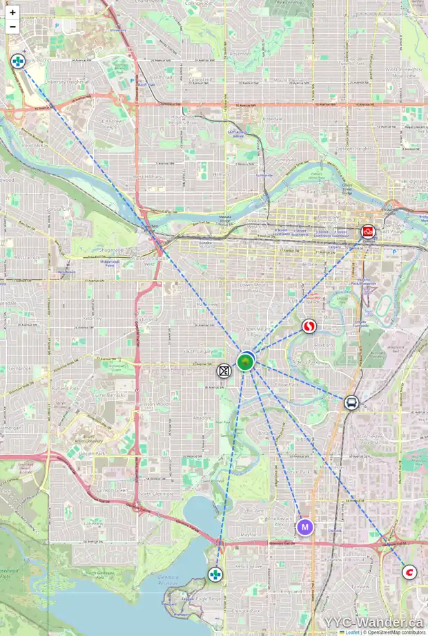 Daily accessibility map for 1118 LEVIS AV SW, Calgary showing nearby schools, grocery stores, parks, LRT stations and nearby amenities