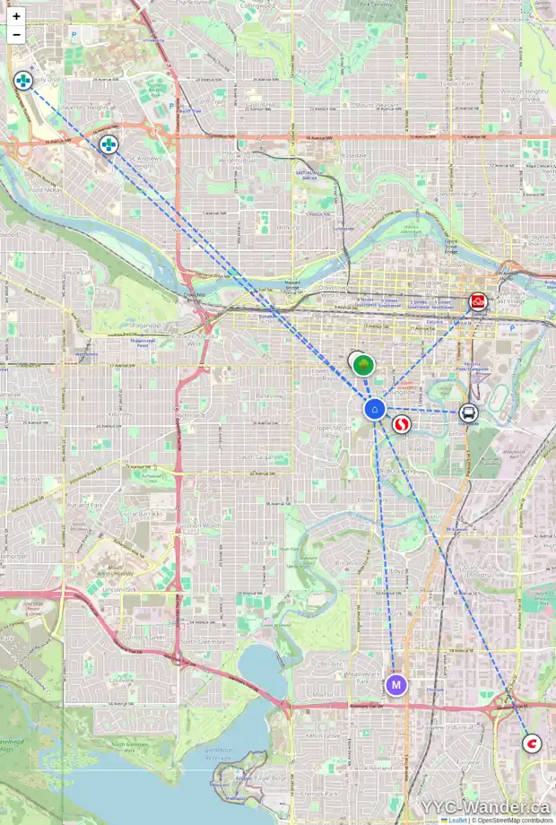 Daily accessibility map for 704 PROSPECT AV SW, Calgary showing nearby schools, grocery stores, parks, LRT stations and nearby amenities