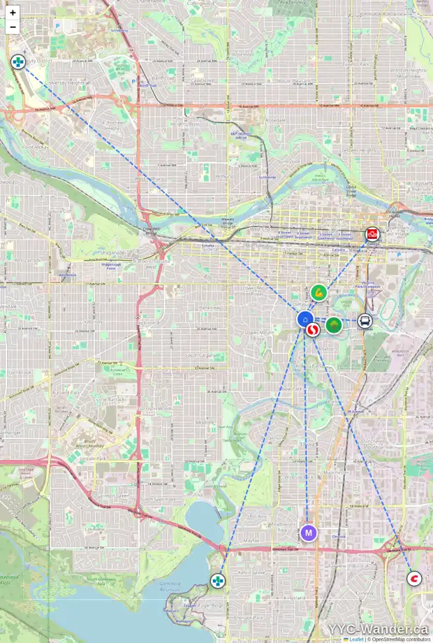 Daily accessibility map for 617 23 AV SW, Calgary showing nearby schools, grocery stores, parks, LRT stations and nearby amenities