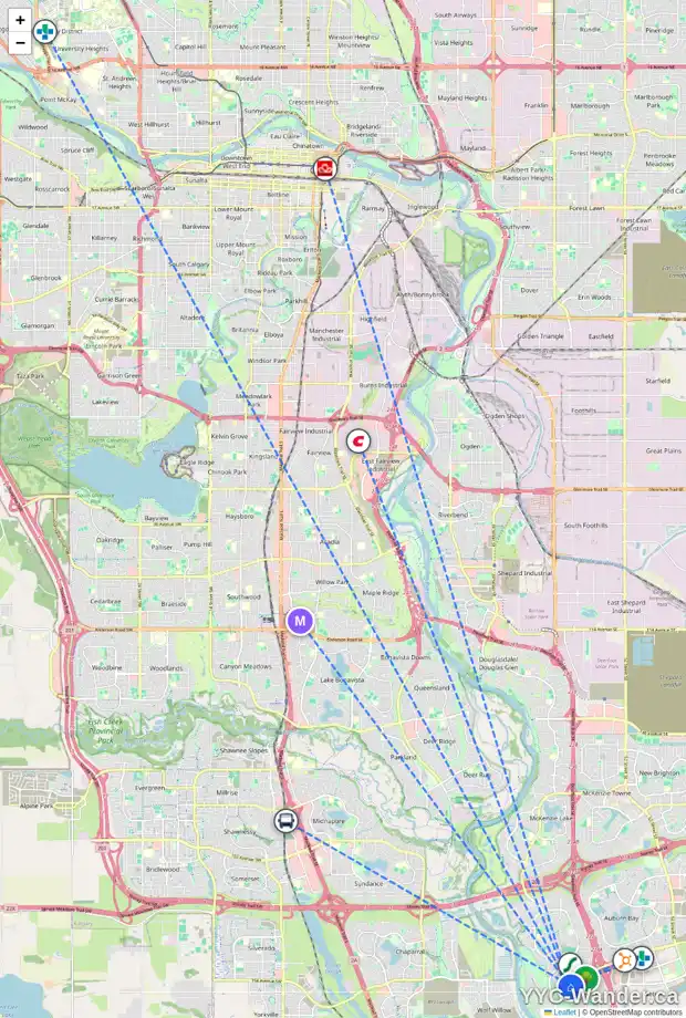 Daily accessibility map for 17 CRANARCH WY SE, Calgary showing nearby schools, grocery stores, parks, LRT stations and nearby amenities