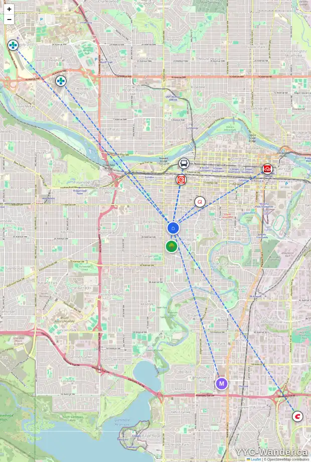 Daily accessibility map for 1302 PROSPECT AV SW, Calgary showing nearby schools, grocery stores, parks, LRT stations and nearby amenities