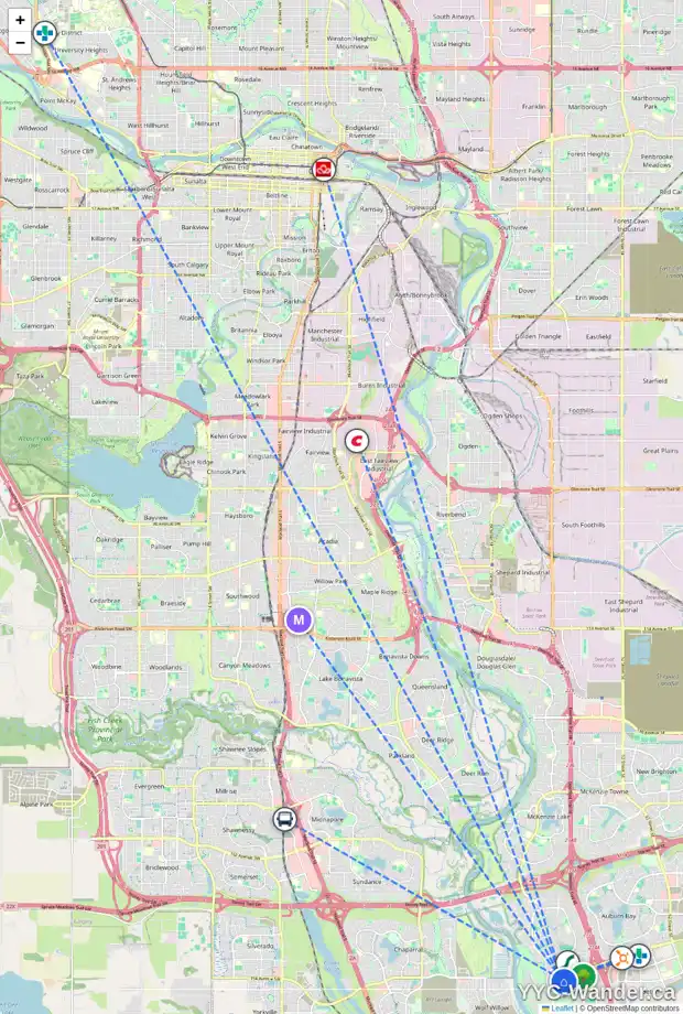 Daily accessibility map for 15 CRANARCH CI SE, Calgary showing nearby schools, grocery stores, parks, LRT stations and nearby amenities
