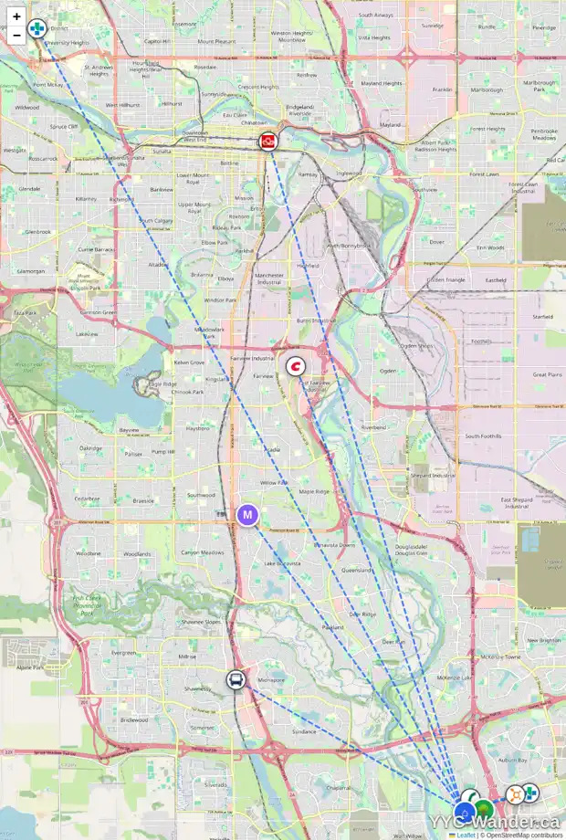 Daily accessibility map for 30 CRANARCH CI SE, Calgary showing nearby schools, grocery stores, parks, LRT stations and nearby amenities