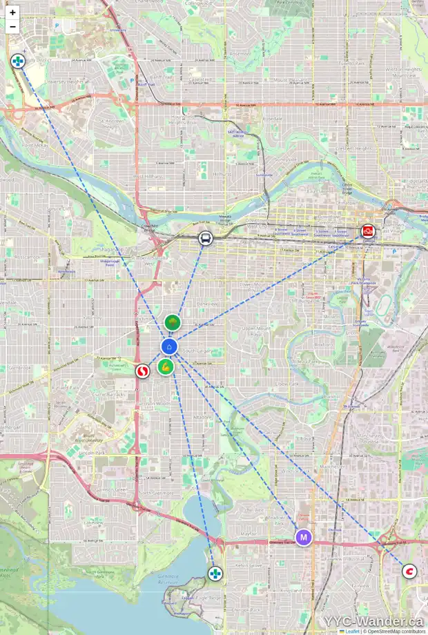 Daily accessibility map for 2106 30 AV SW, Calgary showing nearby schools, grocery stores, parks, LRT stations and nearby amenities