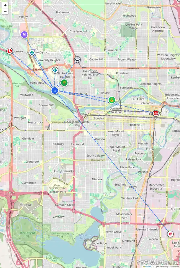 Daily accessibility map for 511 31 ST NW, Calgary showing nearby schools, grocery stores, parks, LRT stations and nearby amenities