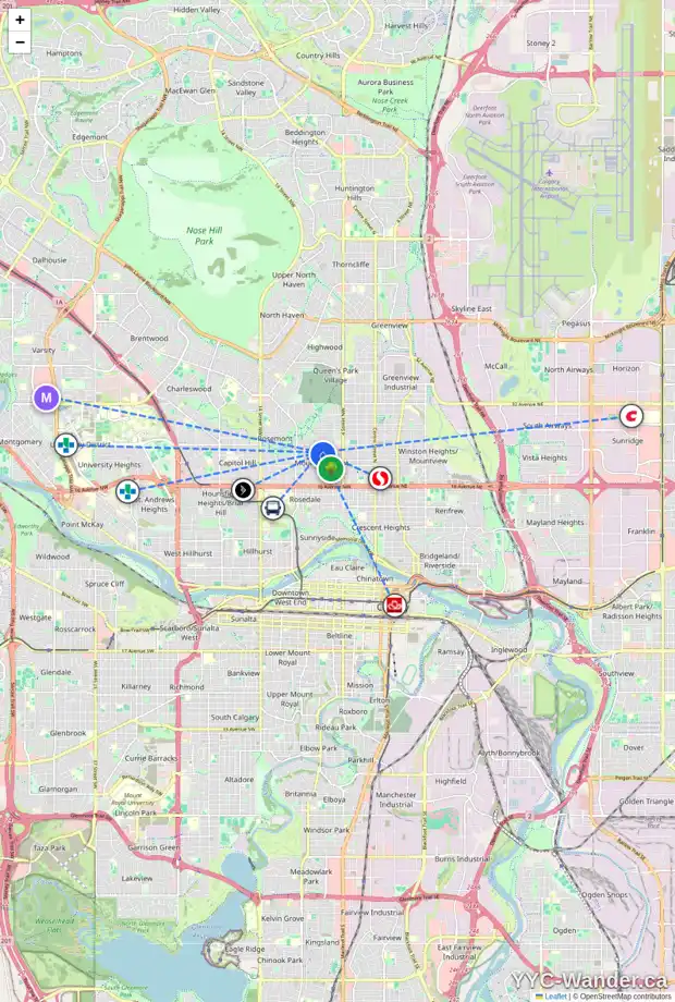 Daily accessibility map for 723 23 AV NW, Calgary showing nearby schools, grocery stores, parks, LRT stations and nearby amenities