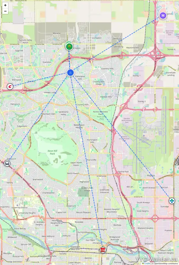 Daily accessibility map for 203 21 PANATELLA LD NW, Calgary showing nearby schools, grocery stores, parks, LRT stations and nearby amenities