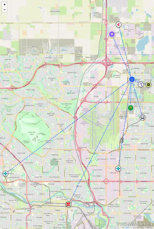 Daily accessibility map for 38 SKYVIEW SPRINGS RI NE, Calgary showing nearby schools, grocery stores, parks, LRT stations and nearby amenities