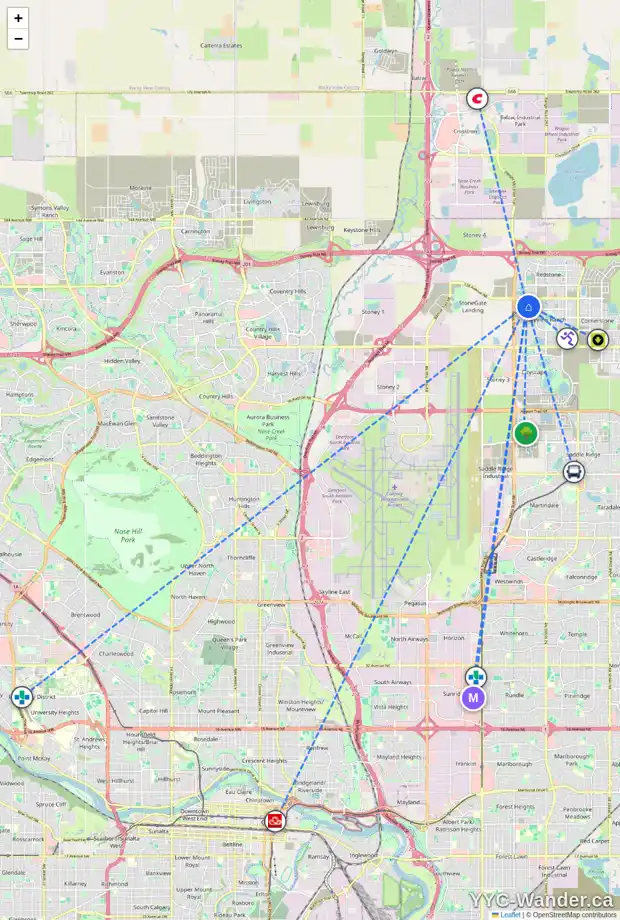 Daily accessibility map for 32 SKYVIEW SPRINGS GD NE, Calgary showing nearby schools, grocery stores, parks, LRT stations and nearby amenities