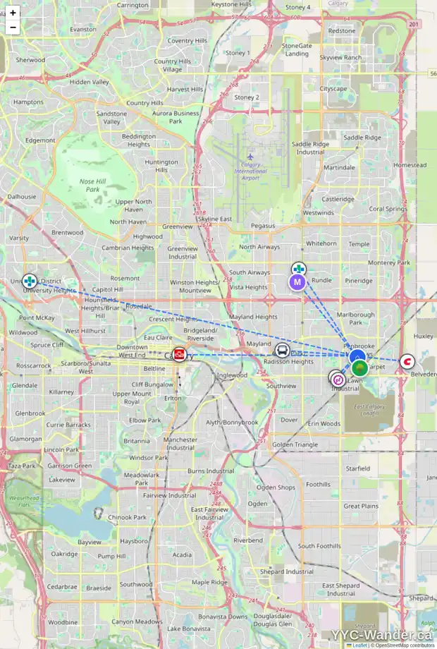 Daily accessibility map for 6032 8 AV SE, Calgary showing nearby schools, grocery stores, parks, LRT stations and nearby amenities