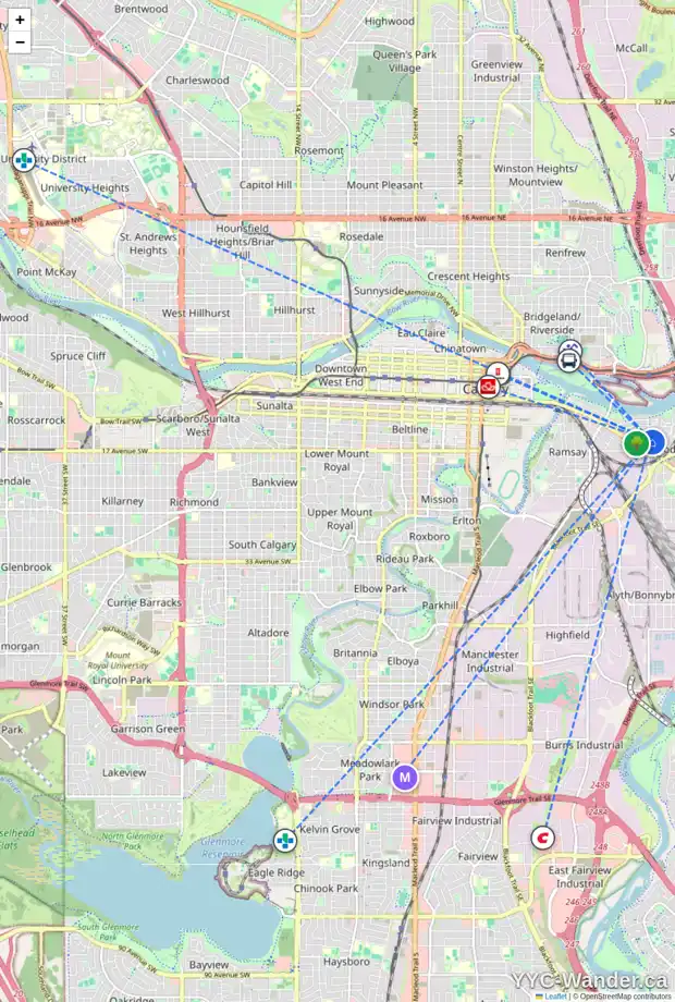 Daily accessibility map for 1614 15 ST SE, Calgary showing nearby schools, grocery stores, parks, LRT stations and nearby amenities