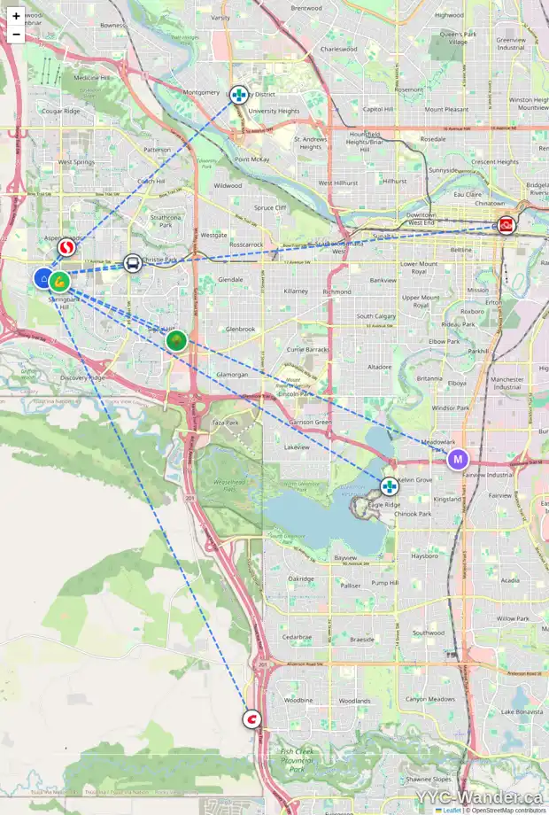 Daily accessibility map for 60 TREMBLANT TC SW, Calgary showing nearby schools, grocery stores, parks, LRT stations and nearby amenities