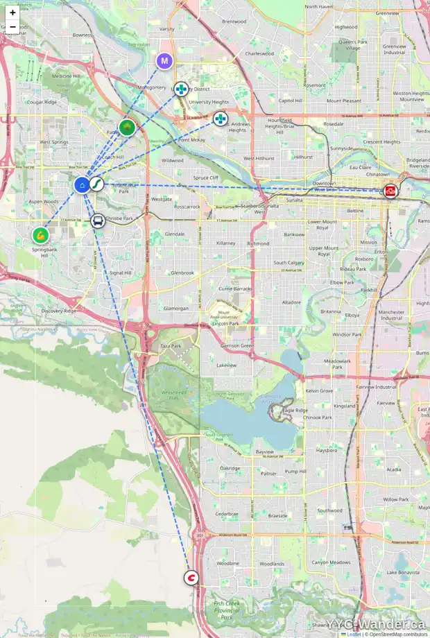 Daily accessibility map for 1295 73 ST SW, Calgary showing nearby schools, grocery stores, parks, LRT stations and nearby amenities