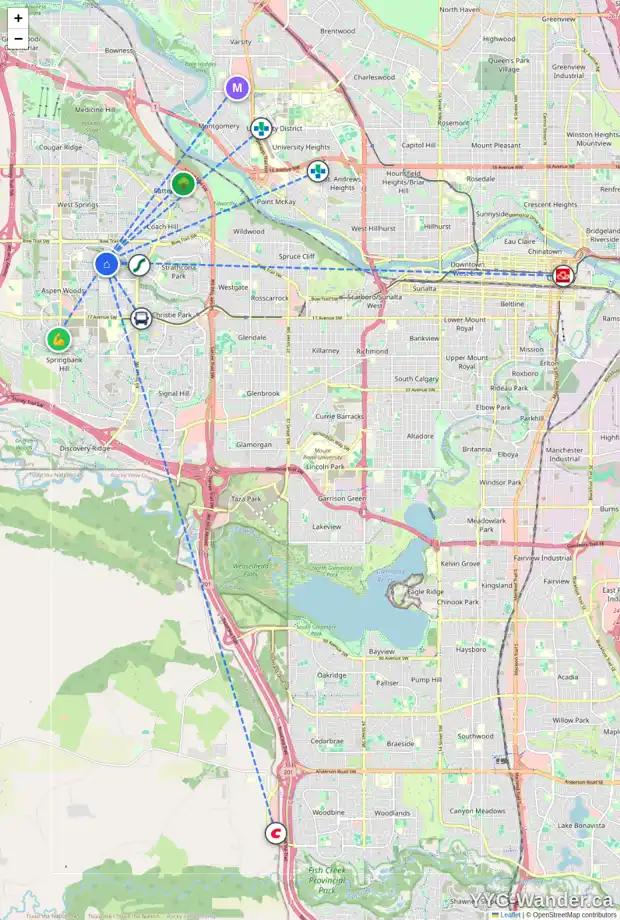 Daily accessibility map for 23 ASPEN RIDGE CO SW, Calgary showing nearby schools, grocery stores, parks, LRT stations and nearby amenities