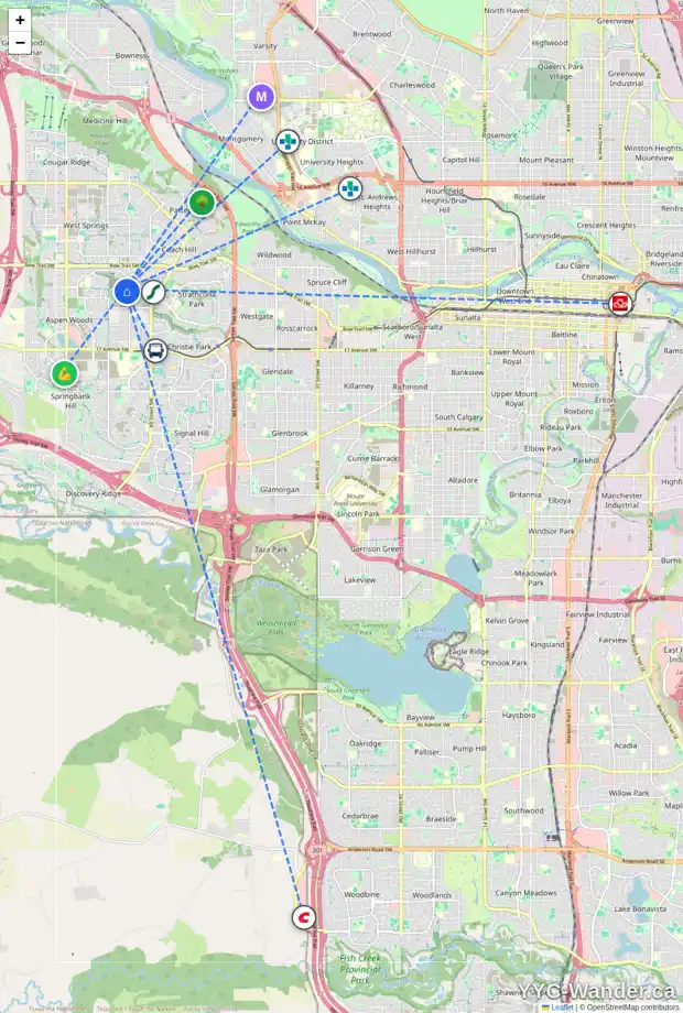 Daily accessibility map for 20 ASPEN RIDGE TC SW, Calgary showing nearby schools, grocery stores, parks, LRT stations and nearby amenities