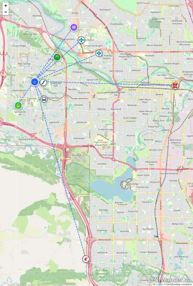 Daily accessibility map for 40 ASPEN RIDGE TC SW, Calgary showing nearby schools, grocery stores, parks, LRT stations and nearby amenities