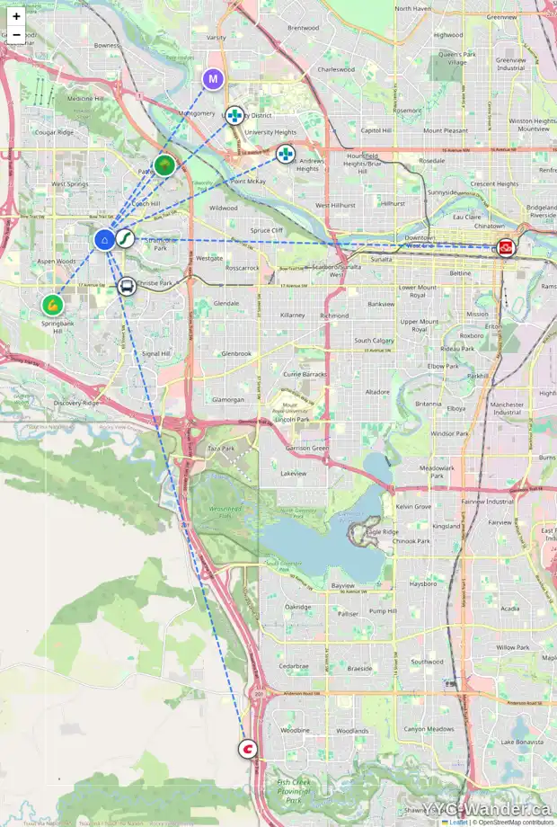Daily accessibility map for 17 ASPEN RIDGE CV SW, Calgary showing nearby schools, grocery stores, parks, LRT stations and nearby amenities