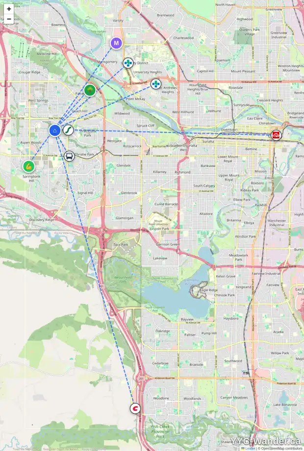 Daily accessibility map for 37 ASPEN RIDGE TC SW, Calgary showing nearby schools, grocery stores, parks, LRT stations and nearby amenities