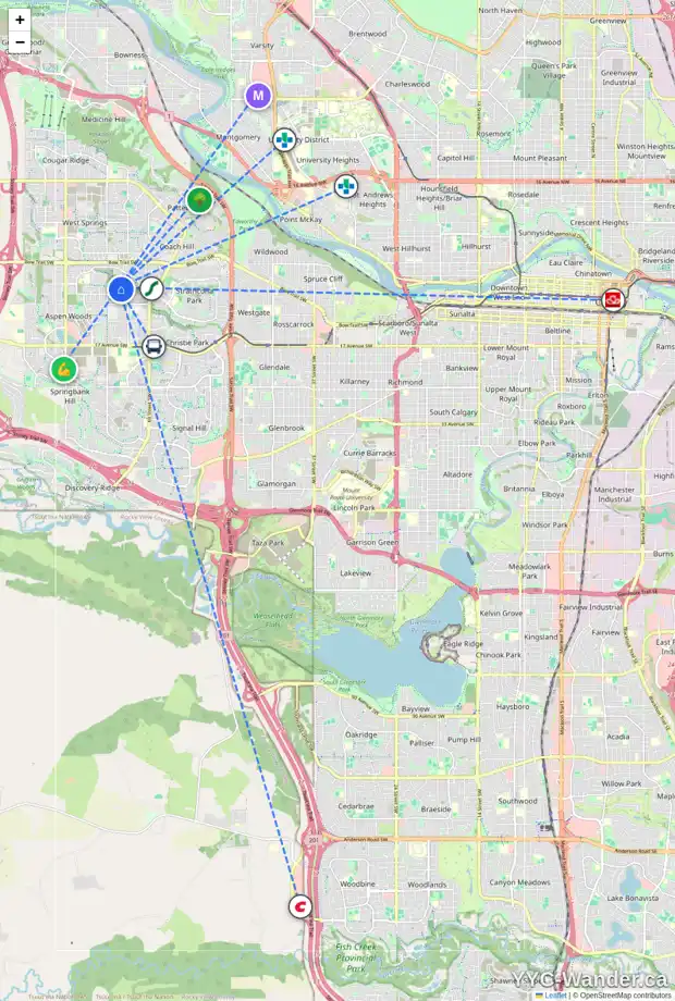 Daily accessibility map for 41 ASPEN RIDGE TC SW, Calgary showing nearby schools, grocery stores, parks, LRT stations and nearby amenities