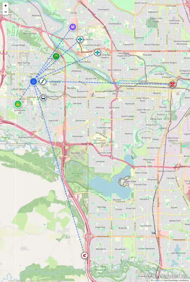 Daily accessibility map for 49 ASPEN RIDGE TC SW, Calgary showing nearby schools, grocery stores, parks, LRT stations and nearby amenities