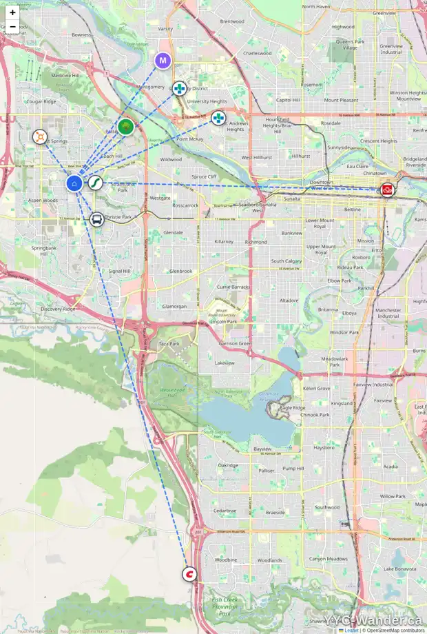 Daily accessibility map for 53 ASPEN RIDGE TC SW, Calgary showing nearby schools, grocery stores, parks, LRT stations and nearby amenities