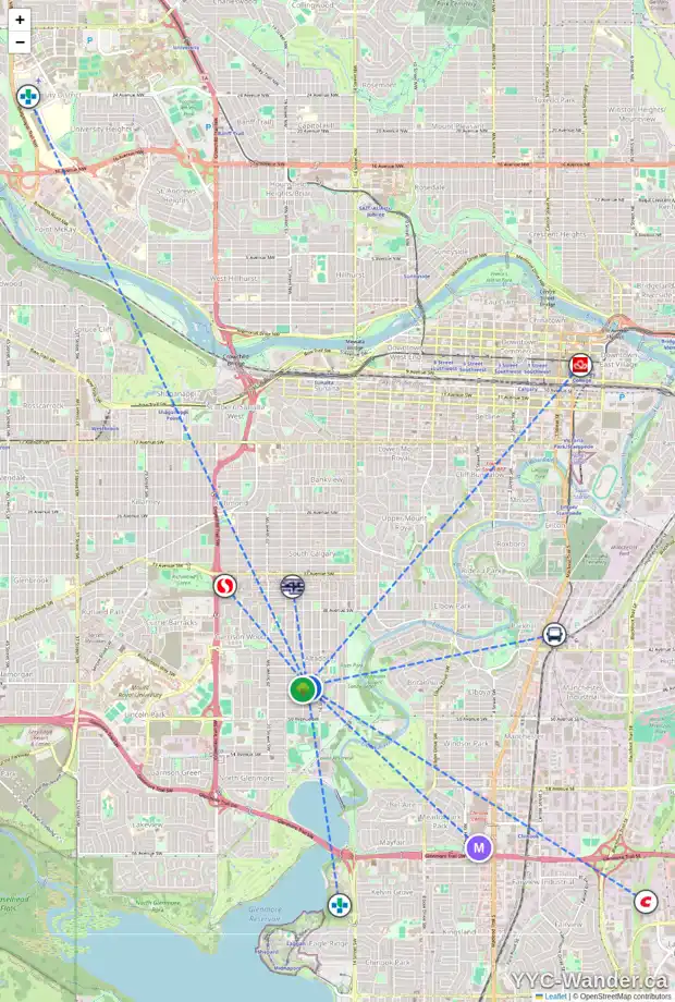 Daily accessibility map for 1737 46 AV SW, Calgary showing nearby schools, grocery stores, parks, LRT stations and nearby amenities