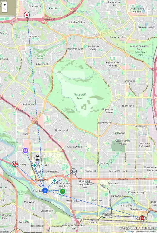 Daily accessibility map for 526 37 ST NW, Calgary showing nearby schools, grocery stores, parks, LRT stations and nearby amenities