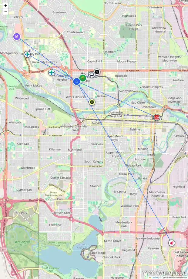 Daily accessibility map for 15 HAWTHORNE CR NW, Calgary showing nearby schools, grocery stores, parks, LRT stations and nearby amenities