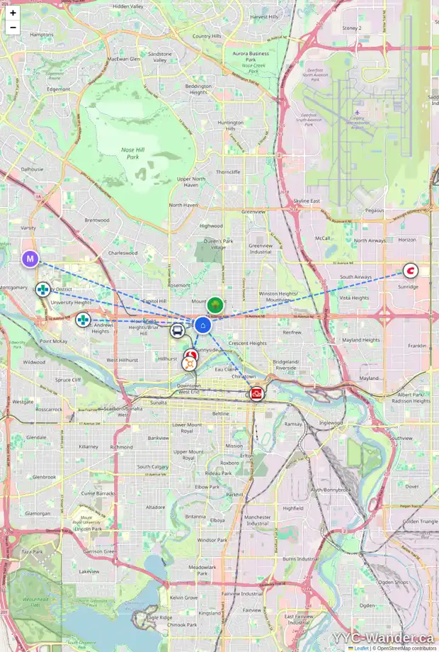 Daily accessibility map for 1430 8 ST NW, Calgary showing nearby schools, grocery stores, parks, LRT stations and nearby amenities