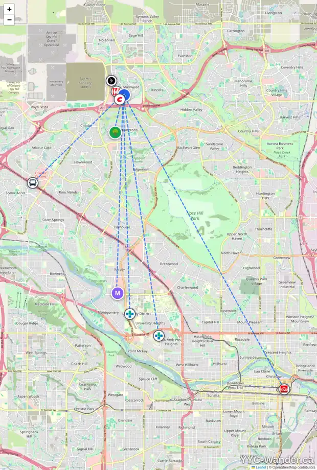Daily accessibility map for 142 SHERWOOD ME NW, Calgary showing nearby schools, grocery stores, parks, LRT stations and nearby amenities