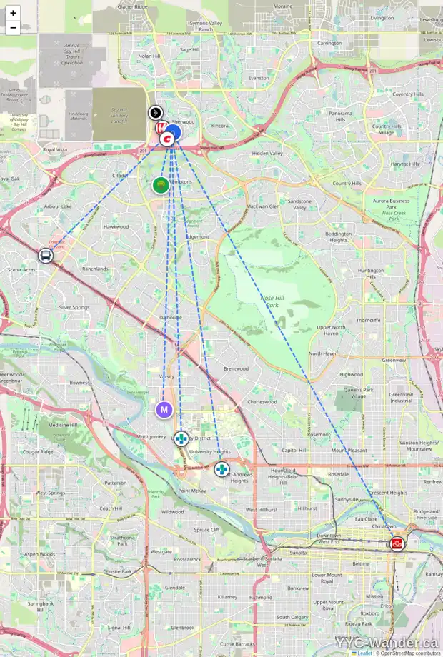 Daily accessibility map for 138 SHERWOOD ME NW, Calgary showing nearby schools, grocery stores, parks, LRT stations and nearby amenities