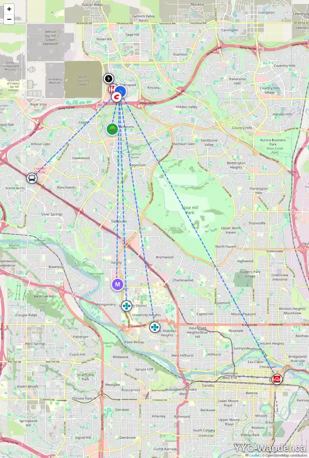 Daily accessibility map for 130 SHERWOOD ME NW, Calgary showing nearby schools, grocery stores, parks, LRT stations and nearby amenities