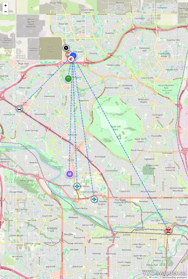 Daily accessibility map for 126 SHERWOOD ME NW, Calgary showing nearby schools, grocery stores, parks, LRT stations and nearby amenities
